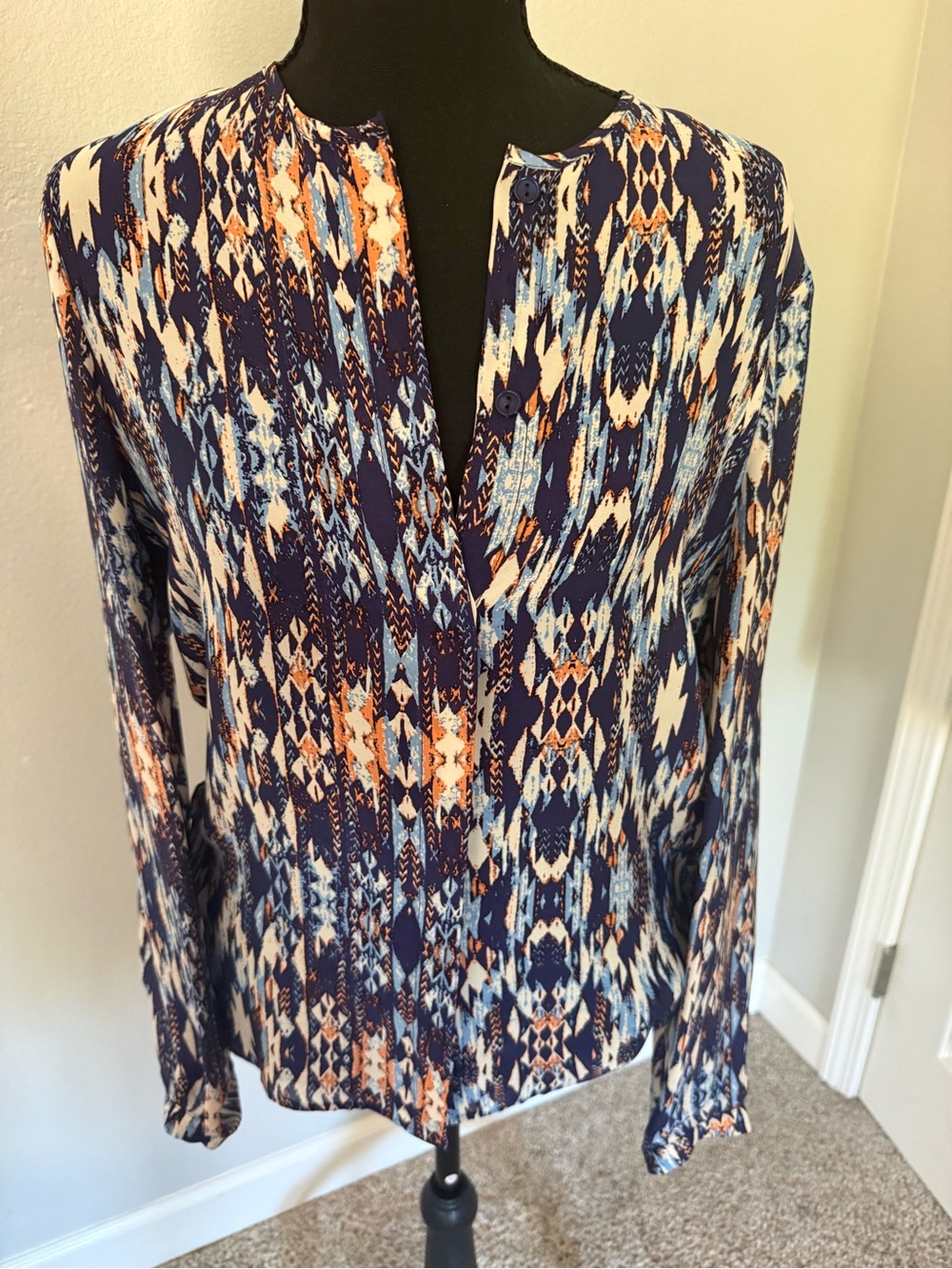 Parker Navy, Light Blue & Orange Printed Long-Sleeve Blouse